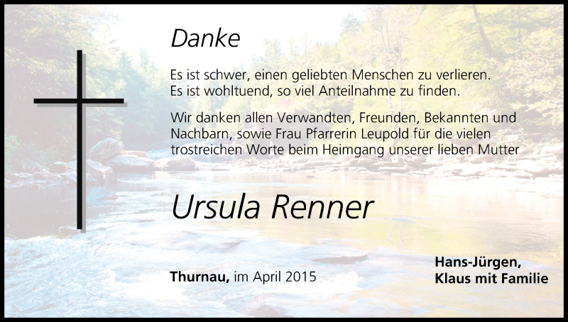  Traueranzeige für Ursula Renner vom 18.04.2015 aus MGO