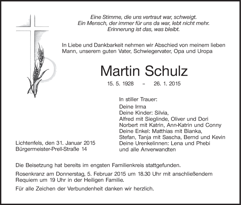  Traueranzeige für Martin Schulz vom 31.01.2015 aus MGO