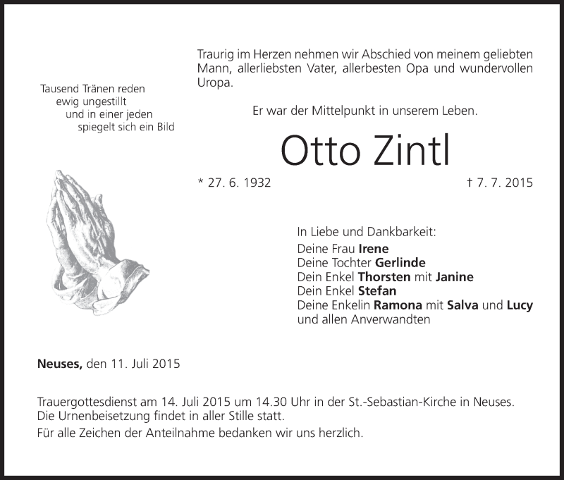  Traueranzeige für Otto Zintl vom 11.07.2015 aus MGO