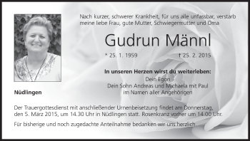 Anzeige von Gudrun Männl von MGO