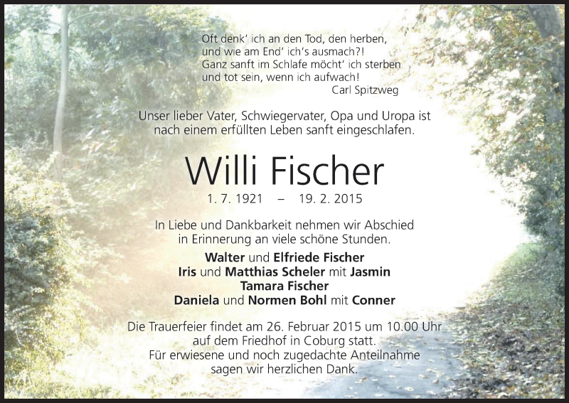  Traueranzeige für Walter Fischer vom 21.02.2015 aus MGO