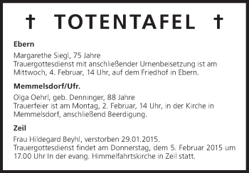 Anzeige von Totentafel vom 02.02.2015 von MGO