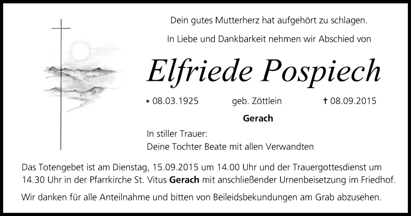  Traueranzeige für Elfriede Pospiech vom 12.09.2015 aus MGO