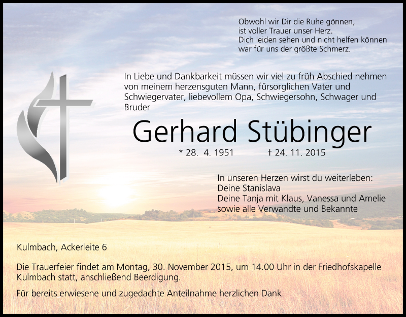  Traueranzeige für Gerhard Stübinger vom 27.11.2015 aus MGO