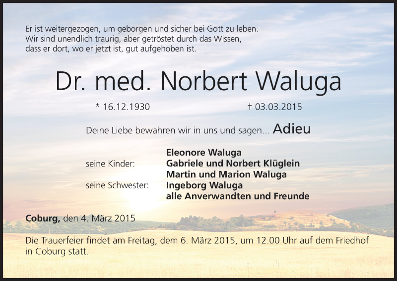  Traueranzeige für Norbert Waluga vom 04.03.2015 aus MGO