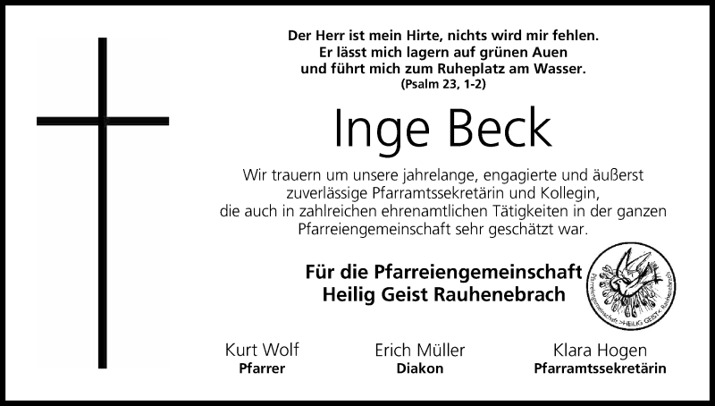  Traueranzeige für Inge Beck vom 11.12.2015 aus MGO