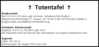 Anzeige von Totentafel vom 26.08.2015 von MGO