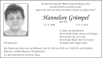 Anzeige von Hannelore Grümpel von MGO