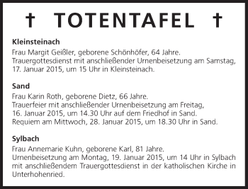 Anzeige von Totentafel vom 16.01.2015 von MGO