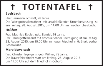 Anzeige von Totentafel vom 27.08.2015 von MGO