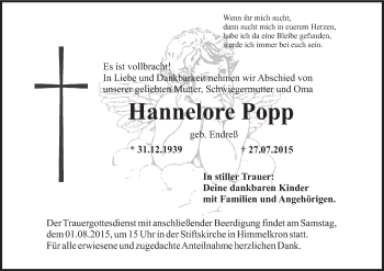 Anzeige von Hannelore Popp von MGO