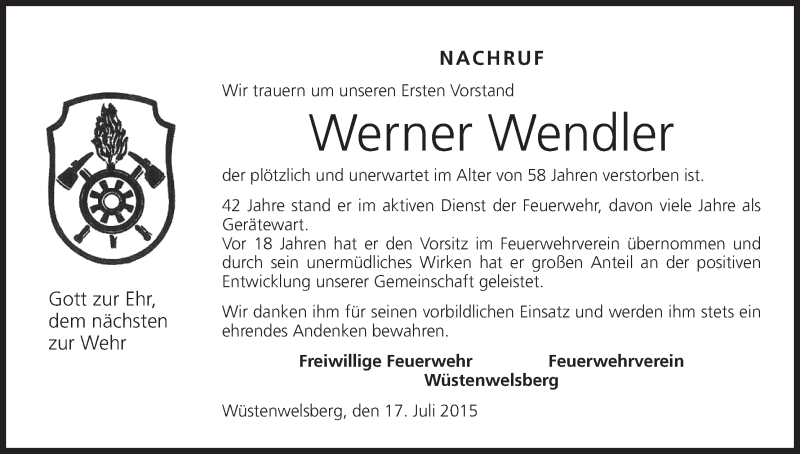  Traueranzeige für Werner Wendler vom 17.07.2015 aus MGO