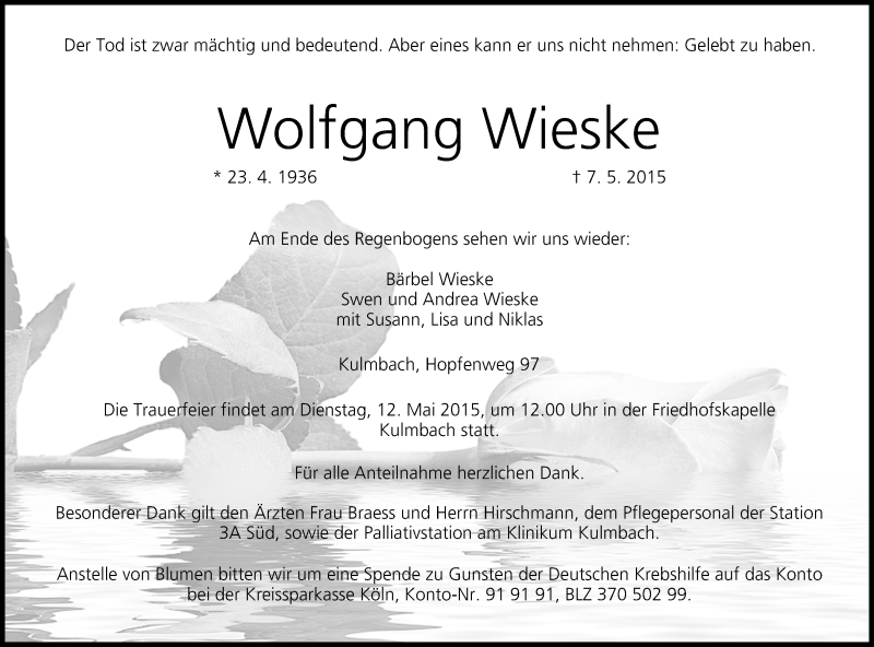  Traueranzeige für Wolfgang Wieske vom 09.05.2015 aus MGO