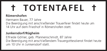 Anzeige von Totentafel vom 20.02.2015 von MGO