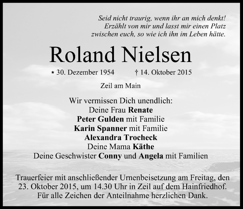  Traueranzeige für Roland Nielsen vom 21.10.2015 aus MGO