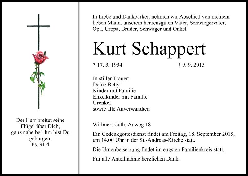  Traueranzeige für Kurt Schappert vom 16.09.2015 aus MGO