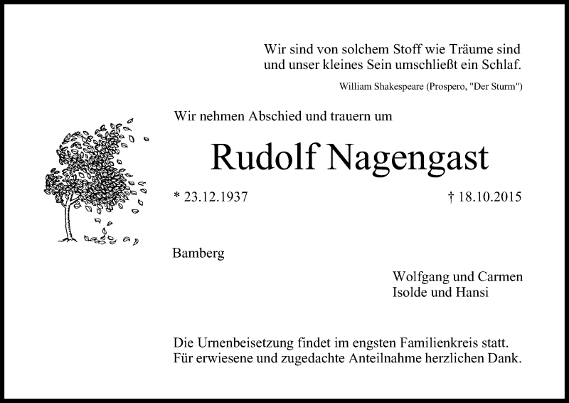  Traueranzeige für Rudolf Nagengast vom 18.11.2015 aus MGO