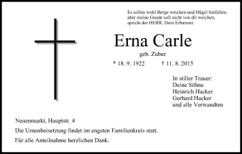 Anzeige von Erna Carle von MGO