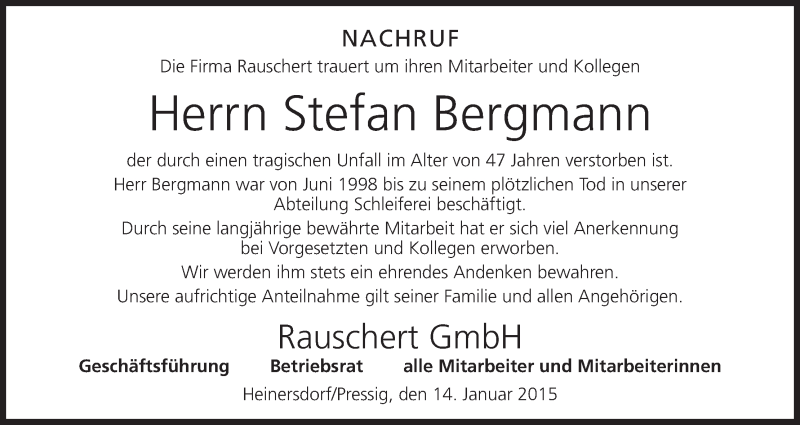  Traueranzeige für Stefan Bergmann vom 15.01.2015 aus MGO