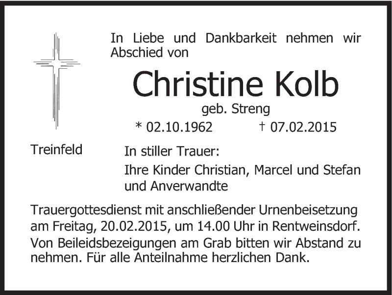  Traueranzeige für Christine Kolb vom 18.02.2015 aus MGO