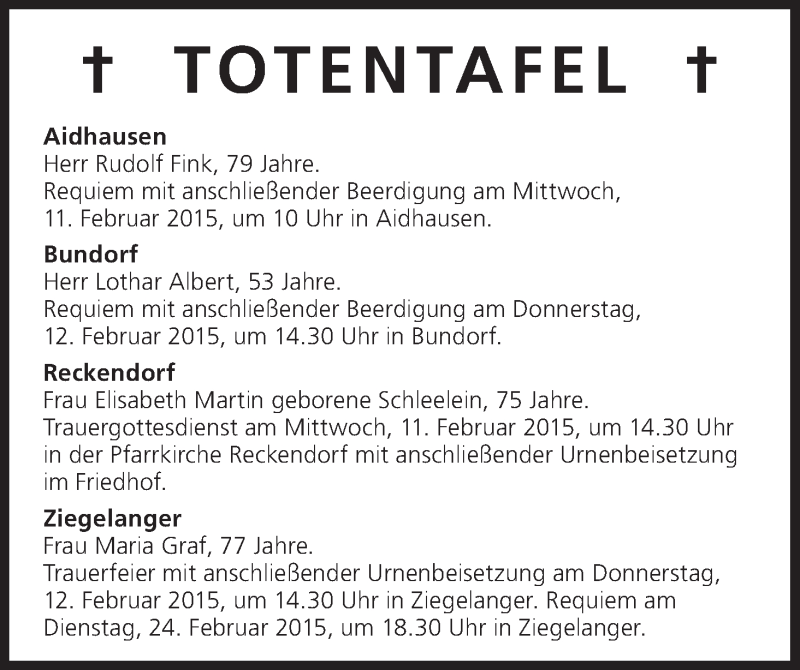  Traueranzeige für Totentafel 11.02.2015 vom 11.02.2015 aus MGO
