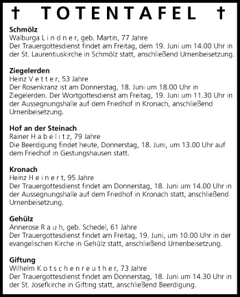 Anzeige von Totentafel vom 18.06.2015 von MGO