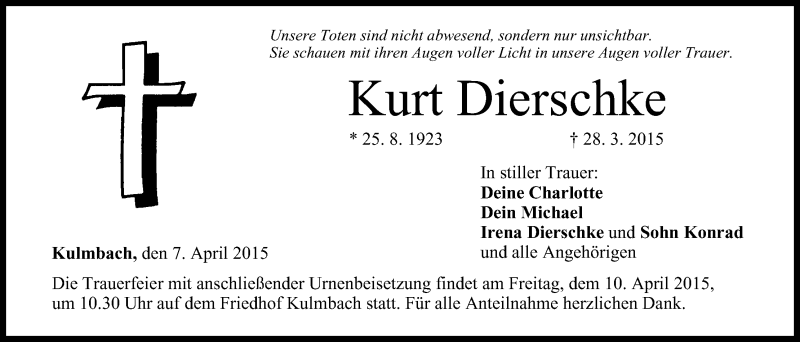  Traueranzeige für Kurt Dierschke vom 07.04.2015 aus MGO