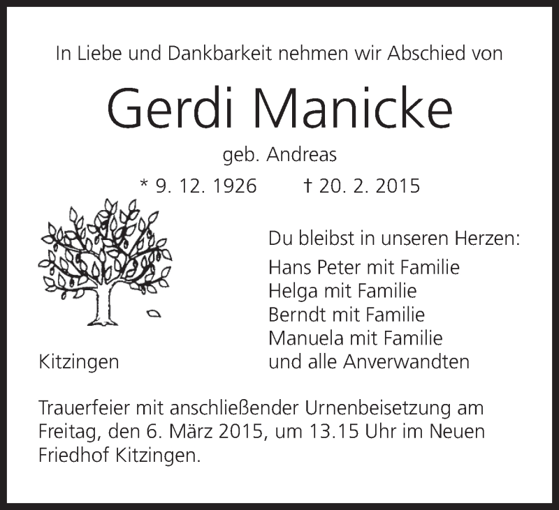  Traueranzeige für Gerdi Manicke vom 28.02.2015 aus MGO