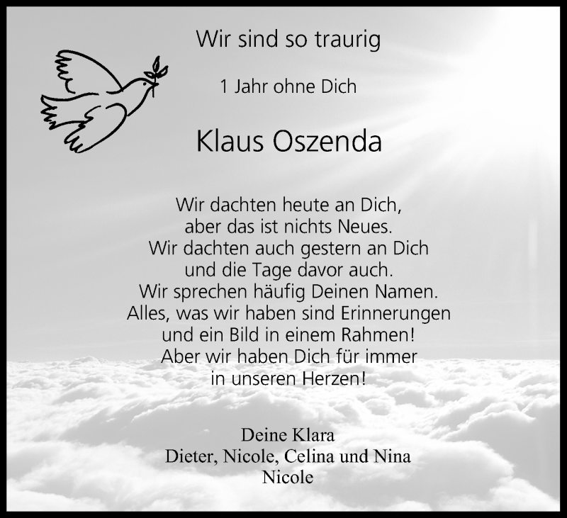  Traueranzeige für Klaus Oszenda vom 19.08.2015 aus MGO