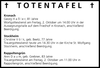 Anzeige von Totentafel vom 01.10.2015 von MGO