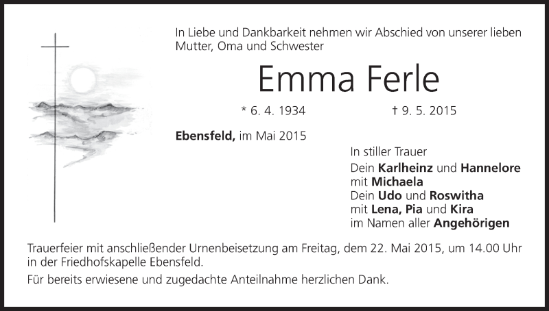  Traueranzeige für Emma Ferle vom 20.05.2015 aus MGO
