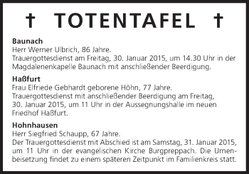 Anzeige von Totentafel vom 30.01.2015 von MGO
