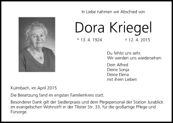 Anzeige von Dora Kriegel von MGO