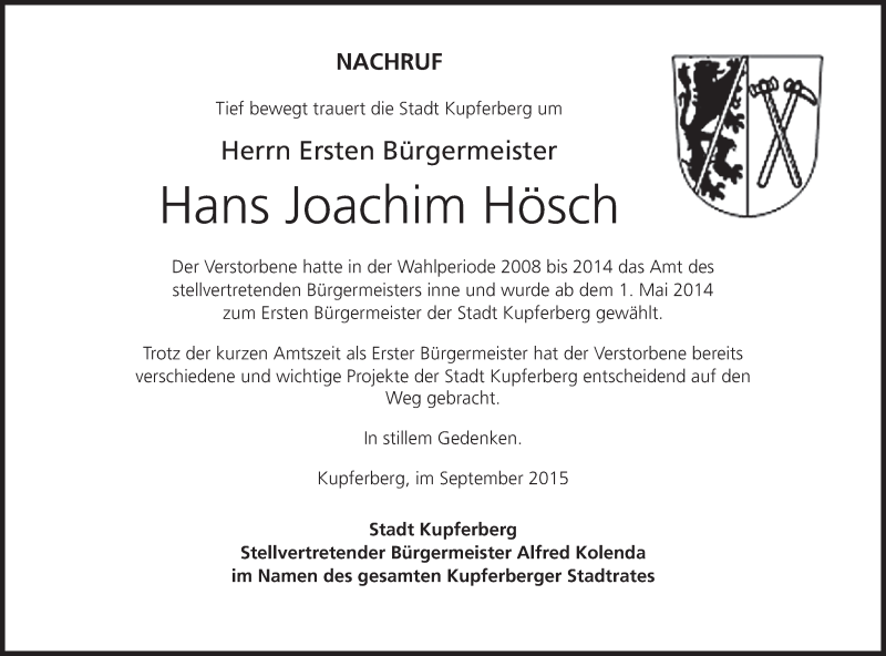  Traueranzeige für Hans-Joachim Hösch vom 16.09.2015 aus MGO