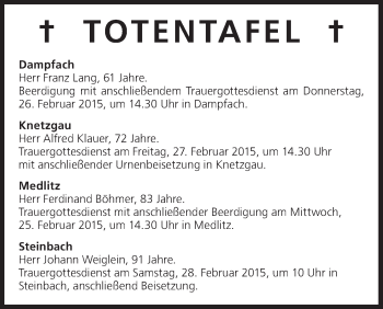 Anzeige von Totentafel vom 25.02.2015 von MGO