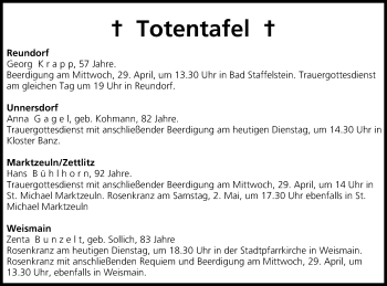 Anzeige von Totentafel vom 28.04.2015 von MGO