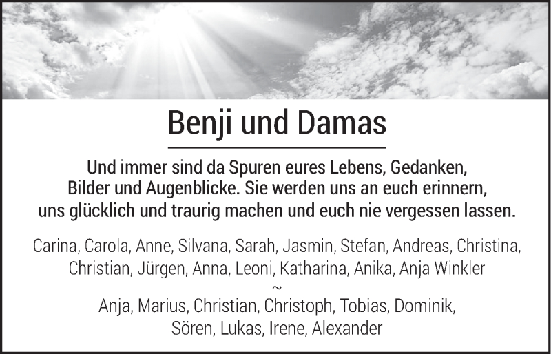  Traueranzeige für Benji und Damas  vom 04.08.2015 aus MGO
