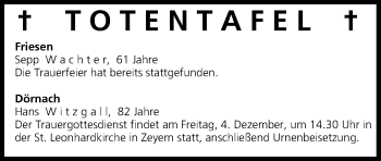 Anzeige von Totentafel vom 03.12.2015 von MGO