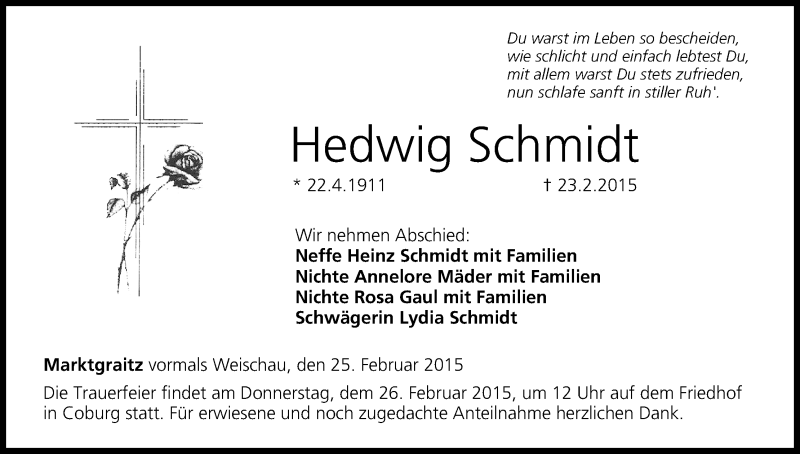  Traueranzeige für Hedwig Schmidt vom 25.02.2015 aus MGO