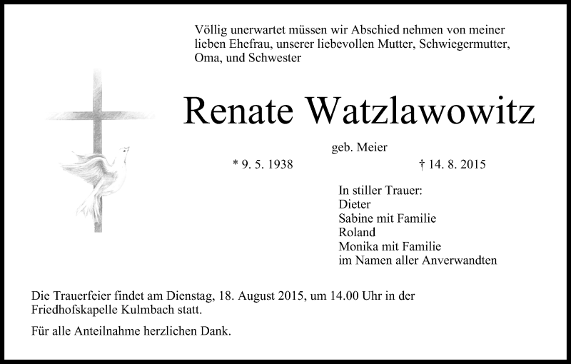  Traueranzeige für Renate Watzlawowitz vom 15.08.2015 aus MGO