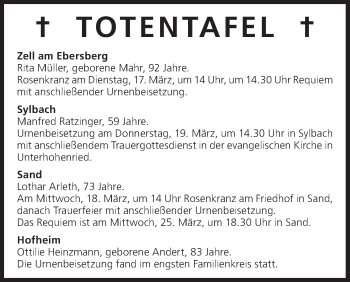 Anzeige von Totentafel vom 16.03.2015 von MGO