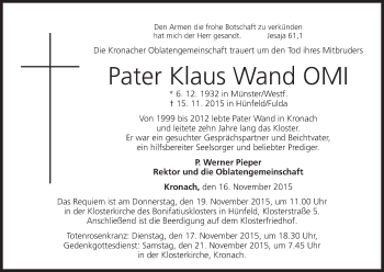 Anzeige von Klaus Wand von MGO