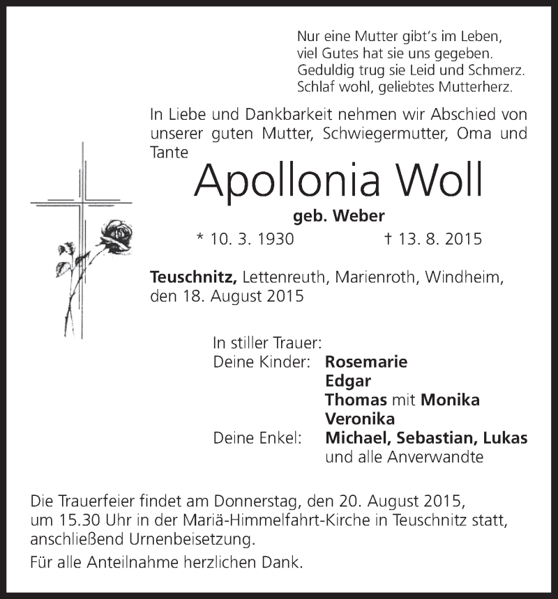  Traueranzeige für Apollonia Woll vom 18.08.2015 aus MGO