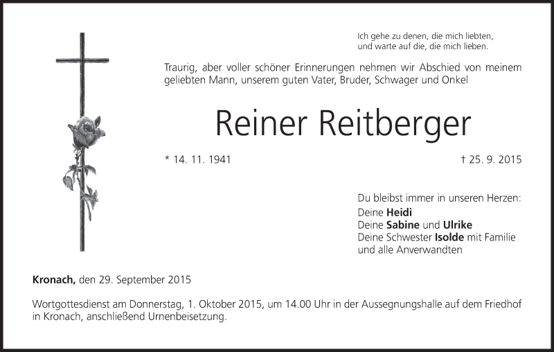  Traueranzeige für Reiner Reitberger vom 29.09.2015 aus MGO
