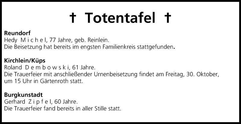  Traueranzeige für Totentafel vom 30.10.2015 vom 30.10.2015 aus MGO