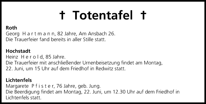  Traueranzeige für Totentafel vom 19.06.2015 vom 19.06.2015 aus MGO