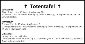 Anzeige von Totentafel vom 11.09.2015 von MGO