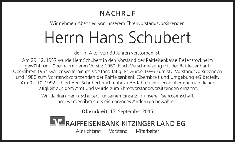  Traueranzeige für Hans Schubert vom 19.09.2015 aus MGO