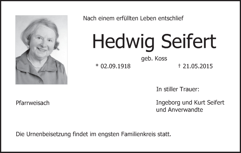  Traueranzeige für Hedwig Seifert vom 23.05.2015 aus MGO