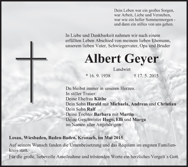  Traueranzeige für Albert Geyer vom 30.05.2015 aus MGO